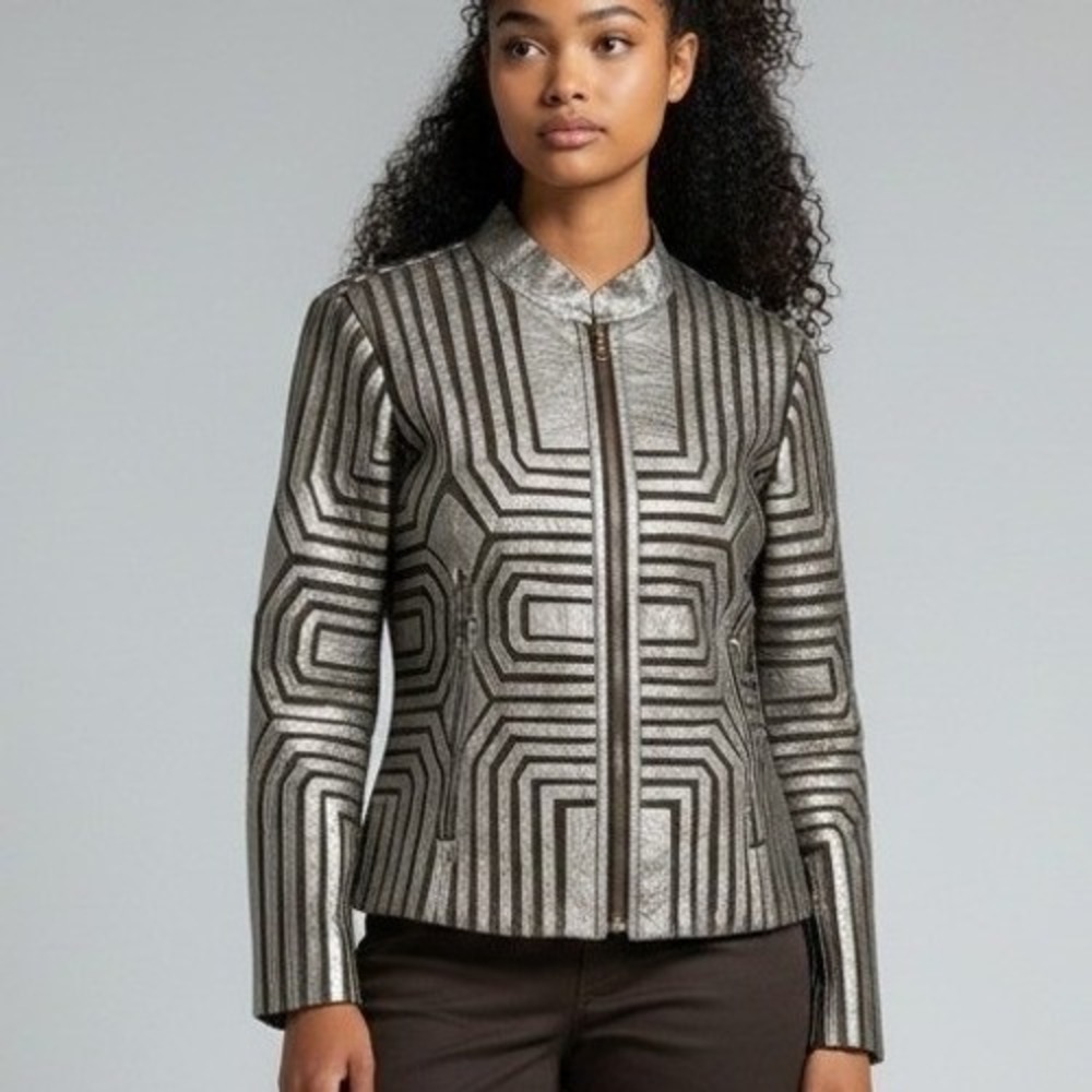 Multiples Silver Metallic Geometric Mesh Zip Up Jacket Petite Small PS Cybercore
